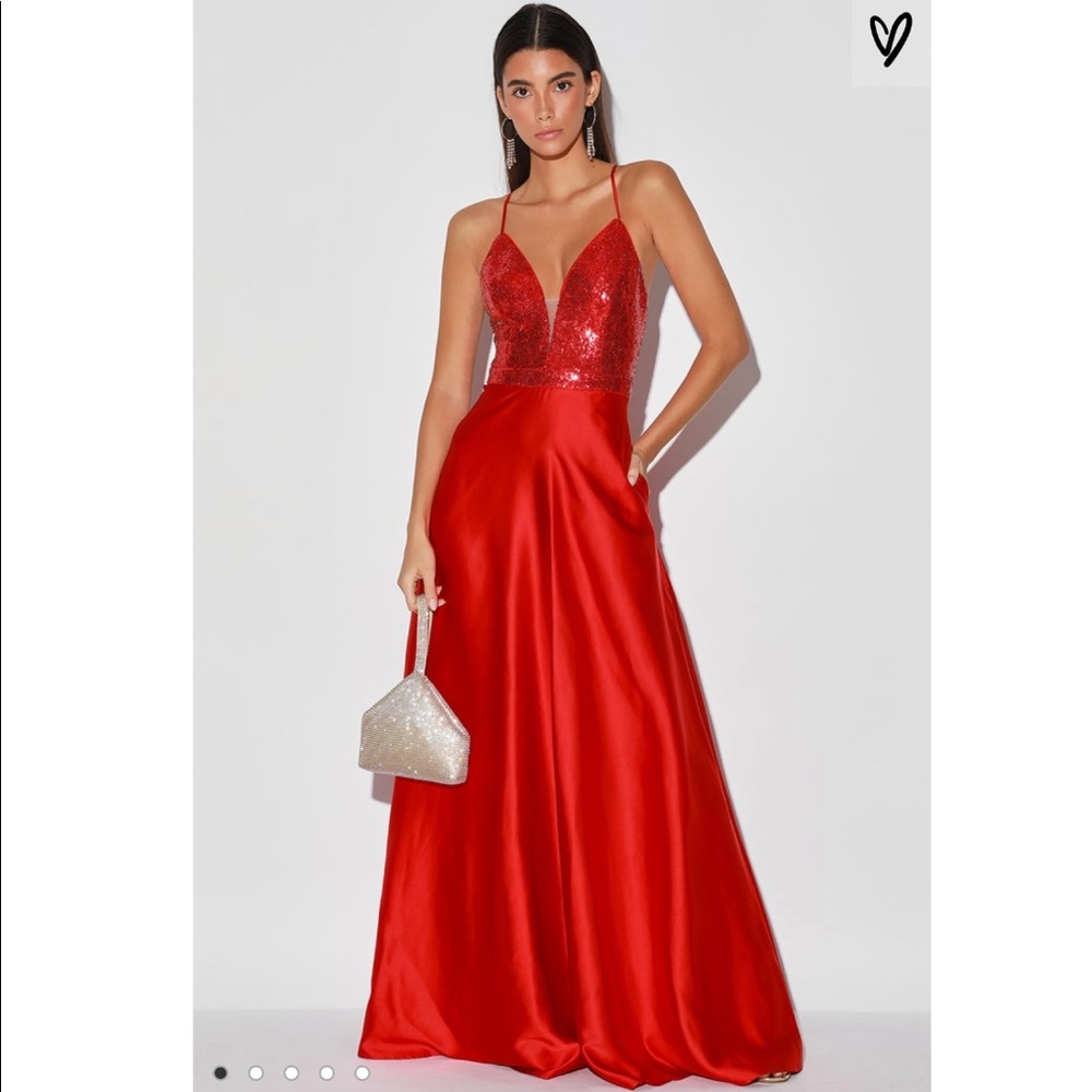 Lulu’s Beaming Love Red Satin Sequin Dress